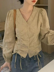Lace Up Button Front Long Sleeve Blouse