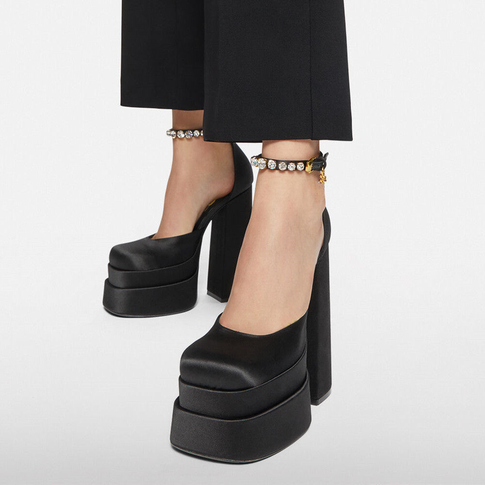 Black Satin Double Platform Ankle Strap Sandals