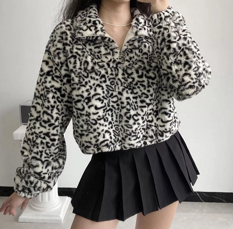 Leopard Plush Drawstring Coat