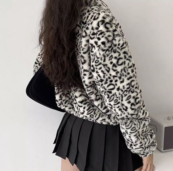 Leopard Plush Drawstring Coat