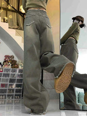 Vintage Wash Drawstring Raw Trim Boyfriend Jeans