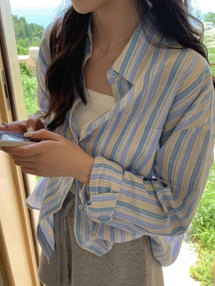 Contrast Color Striped Long Sleeve Blouse