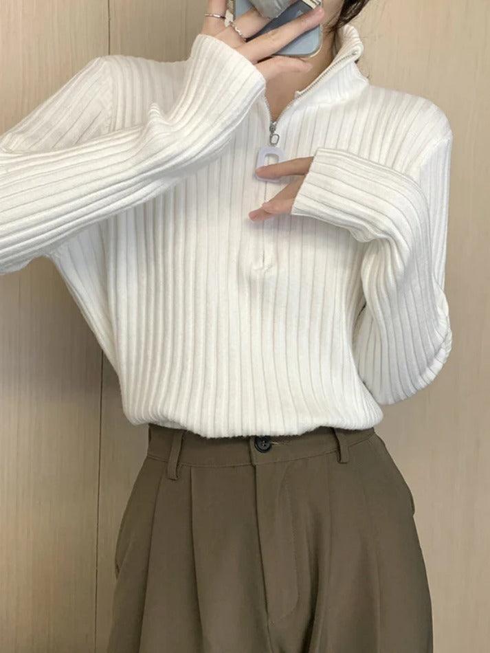 Solid Half Zip Ribbed Knit Sweater