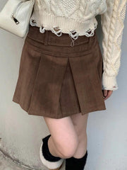 Vintage Brown Corduroy Belted Pleated Mini Skirt