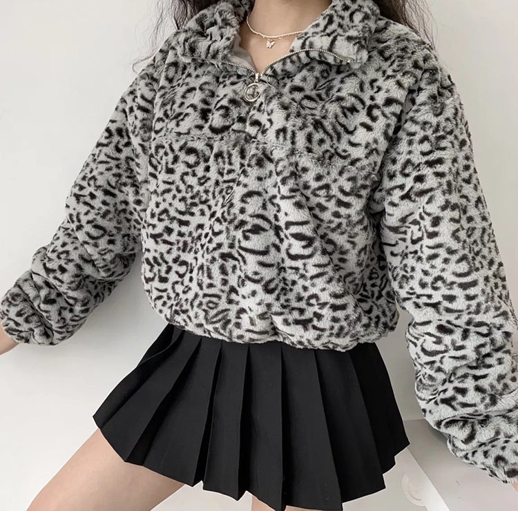 Leopard Plush Drawstring Coat