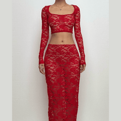 Long sleeve lace see through solid midi skirt set