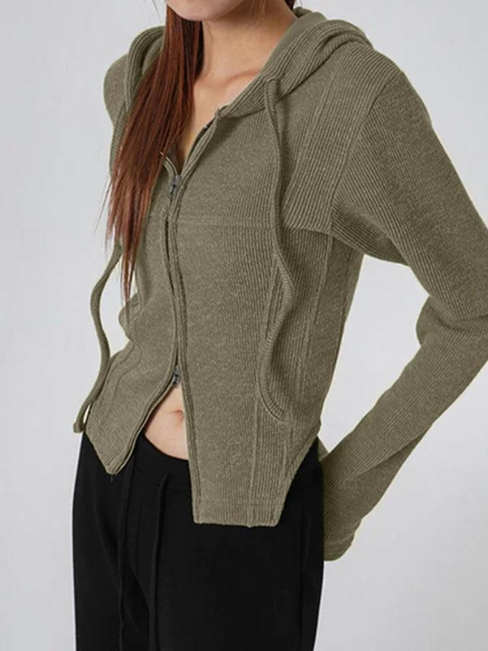 Solid Hooded Irregular Hem Double Zipper Long Sleeve Knit