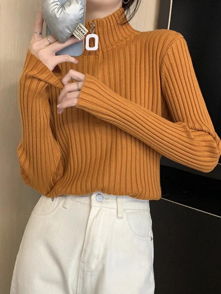 Solid Half Zip Ribbed Knit Sweater