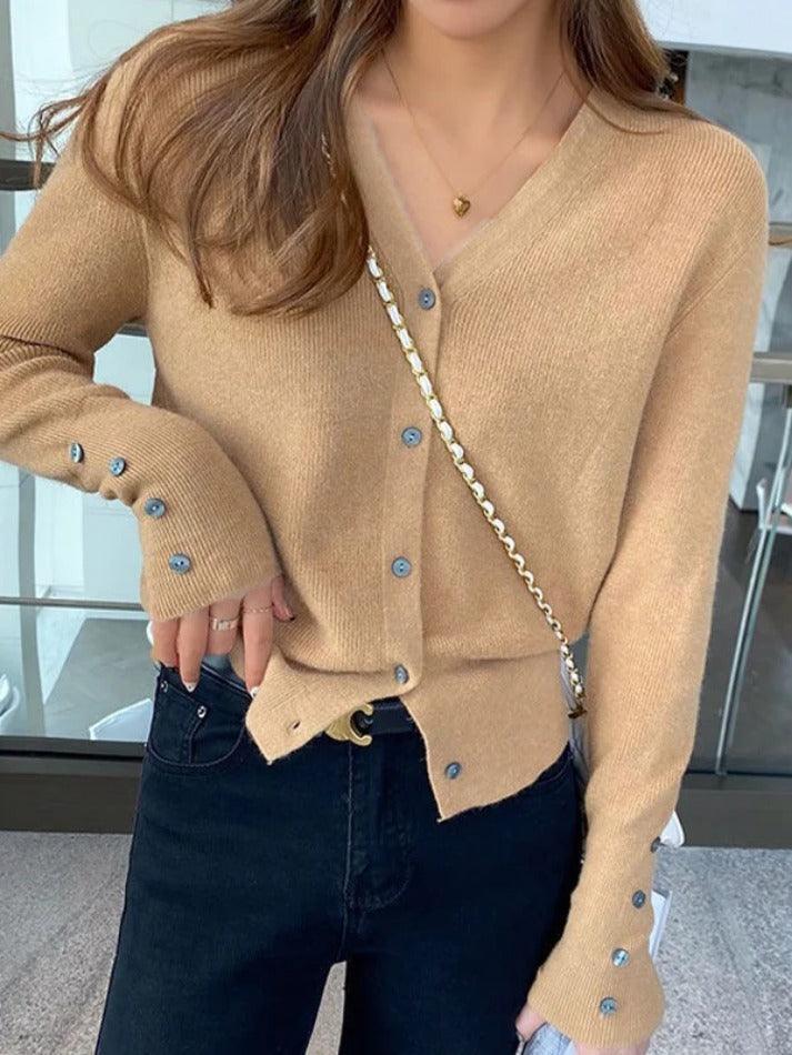 Solid Color V Neck Button Decor Cardigan