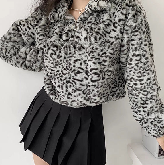 Leopard Plush Drawstring Coat