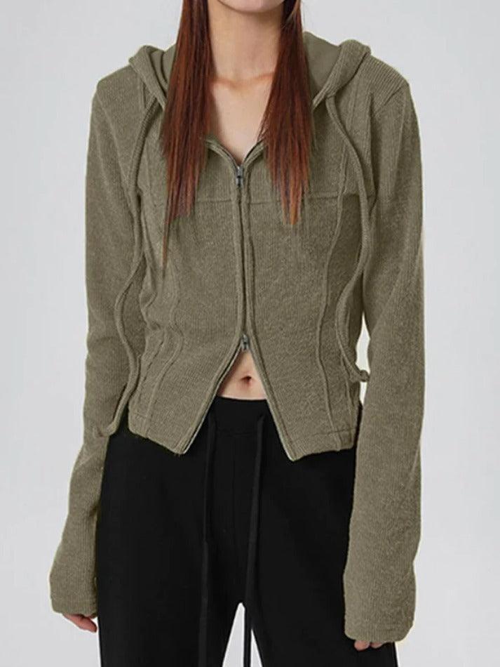 Solid Hooded Irregular Hem Double Zipper Long Sleeve Knit