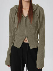 Solid Hooded Irregular Hem Double Zipper Long Sleeve Knit