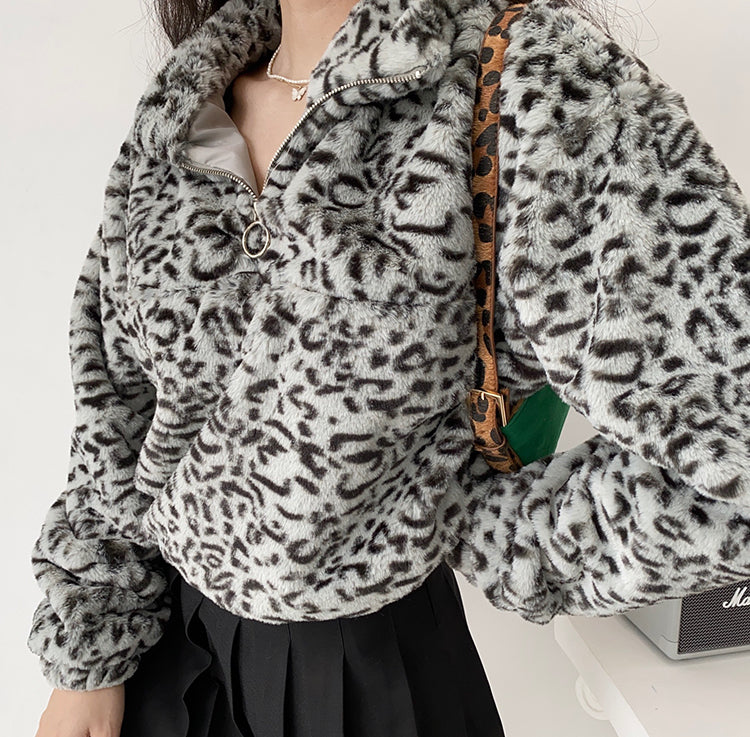 Leopard Plush Drawstring Coat