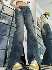 Vintage Wash Multi Pocket Zip Up Cargo Jeans