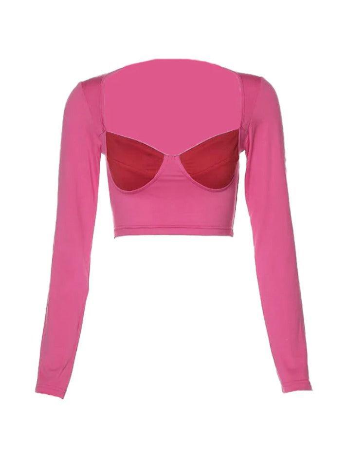 Color Block Splice Square Neck Cropped Long Sleeve Tee