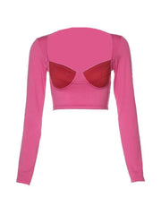 Color Block Splice Square Neck Cropped Long Sleeve Tee