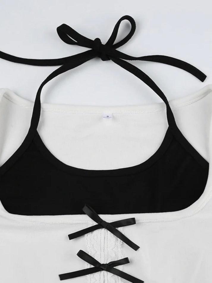 Contrast Bow Cutout Halter Two Piece Long Sleeve Tee