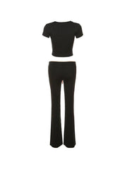 Contrast Color Trim Square Neck Tee & Low Rise Flare Pants Set