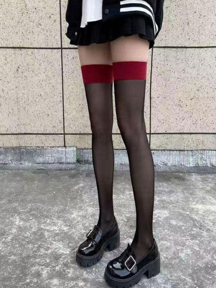 Contrasting Cuff Sheer Thigh High Socks