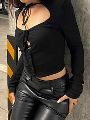 Solid Cutout Tie Front Long Sleeve Knit