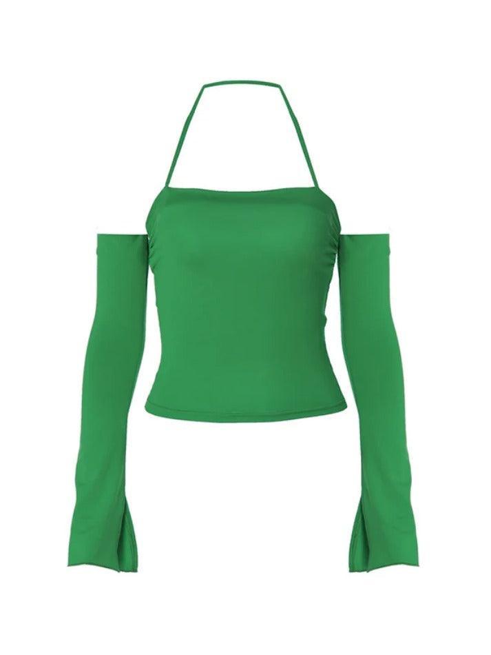 Solid Halter Off Shoulder Long Sleeve Tee