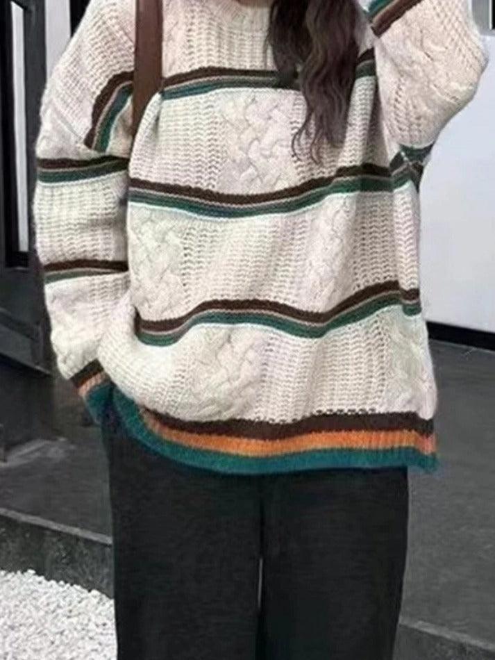 Contrast Color Striped Cable Knit Sweater