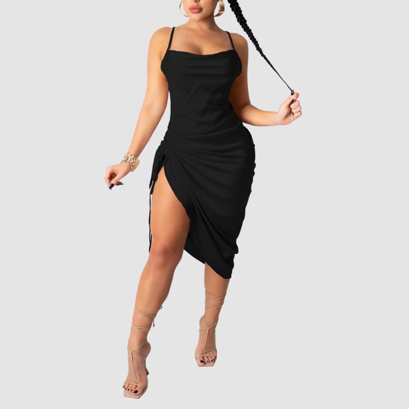 Pleated Drawstring Spaghetti Strap Dress