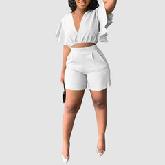 Ruffled V-neck Crop Top & Short Pants Set