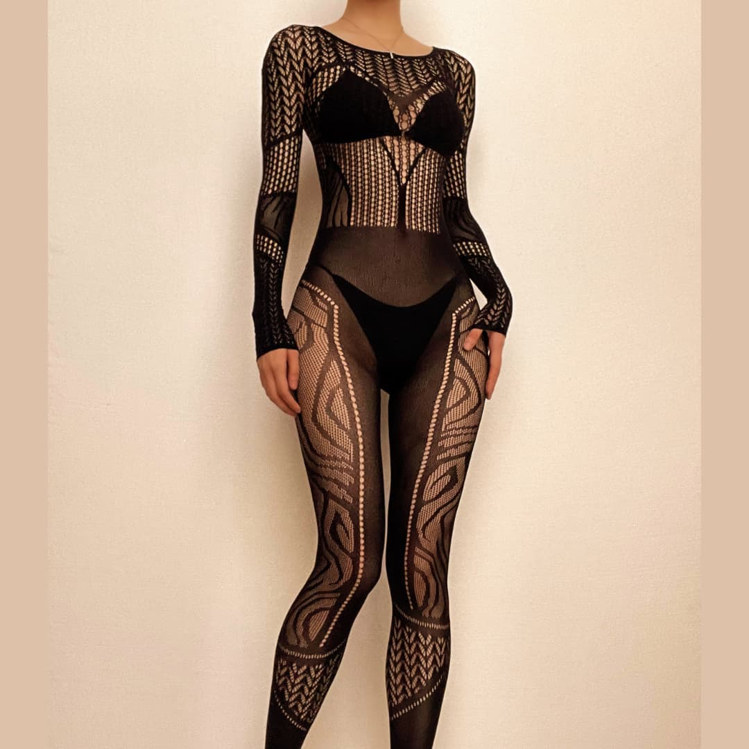 Long sleeve hollow out solid fishnet see through jumpsuit - Final Sale
