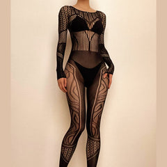 Long sleeve hollow out solid fishnet see through jumpsuit - Final Sale