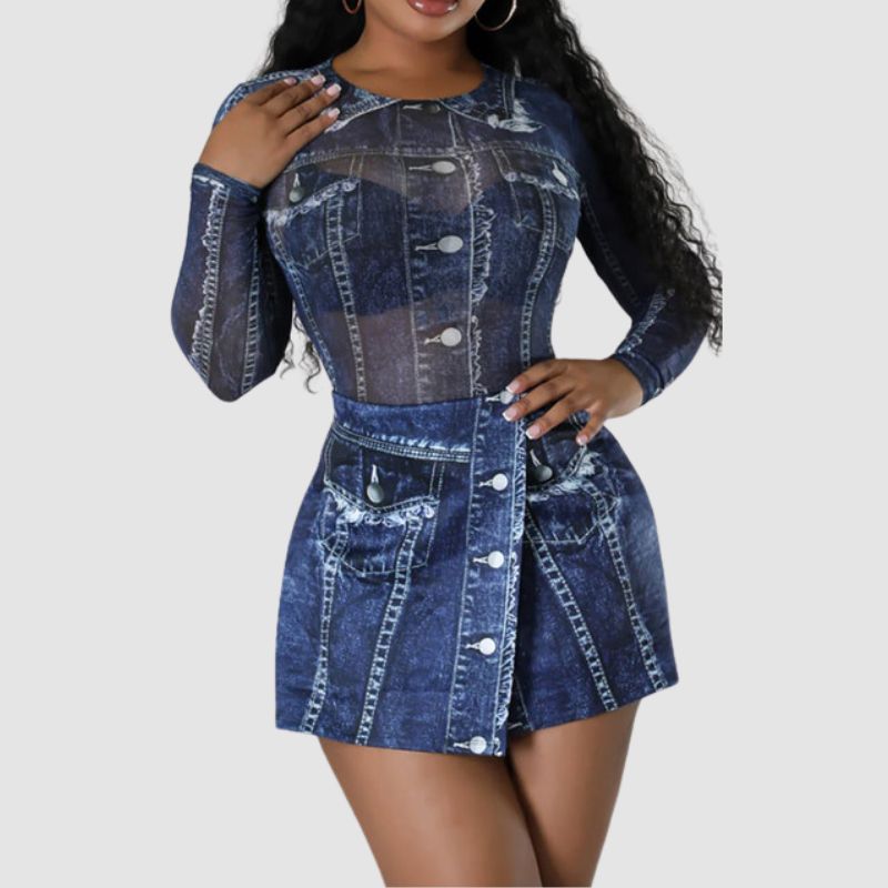 Denim Printed Mesh Bodysuit & Mini skirt Set