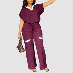 V-neck Color Contrast Tee & Wide Leg Pants Set