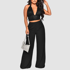 Sequined Halter Vest & High Waisted Straight Pants Set