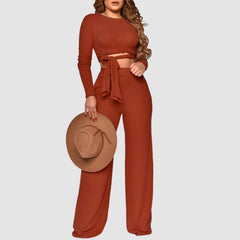 Ribbed Knit Tie-up Top & Wide Leg Pant Set