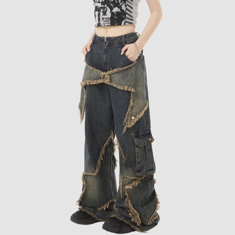 Star Pattern Frayed Patchwork Jeans