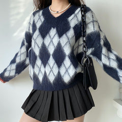 Aubrey Argyle Fuzzy Pullover // Navy