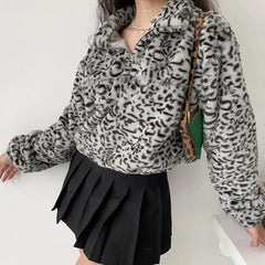 Leopard Plush Drawstring Coat