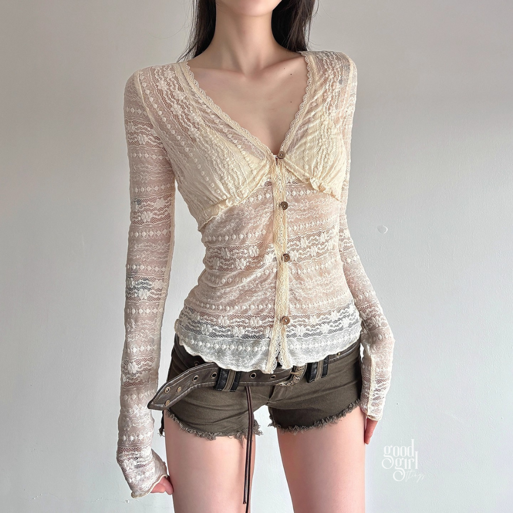 Ivie Button-Up Sheer Long Sleeve Top