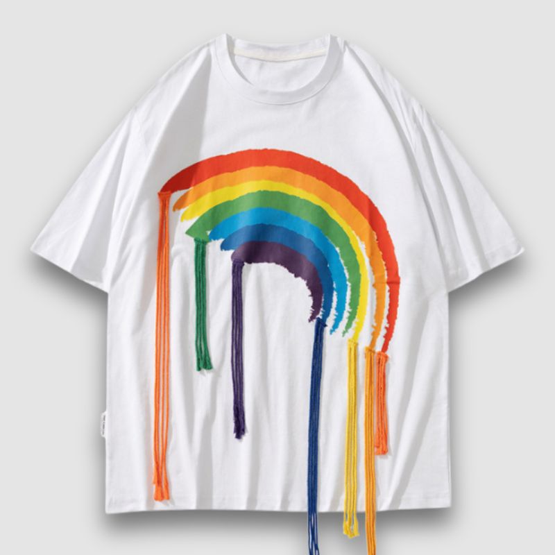 Rainbow Printed Tassel Decor Tee