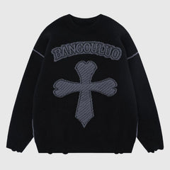 Vintage Cross Pattern Embroidered Sweater