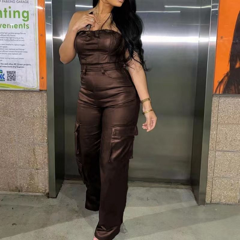 Off-shoulder PU Leather Jumpsuit