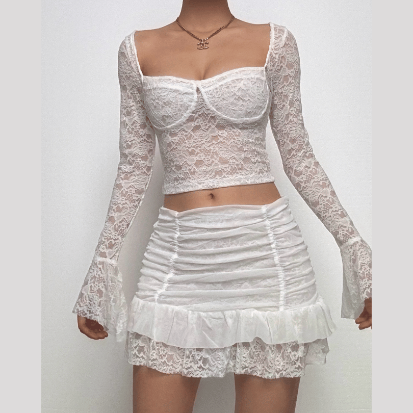 Long flared sleeve ruched lace sweetheart neck solid mini skirt set