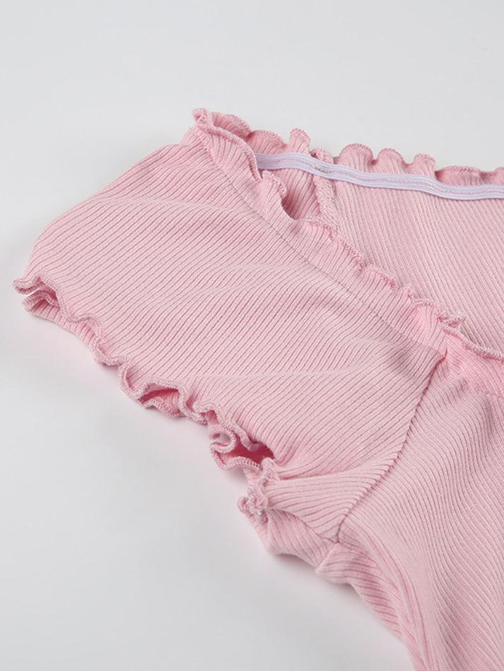 Tie Front Lace Trim Shirred Tee