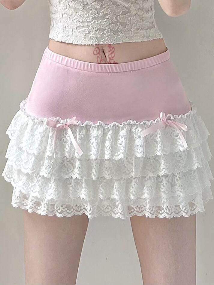 Bow Lace Patchwork Color Clash Skirt