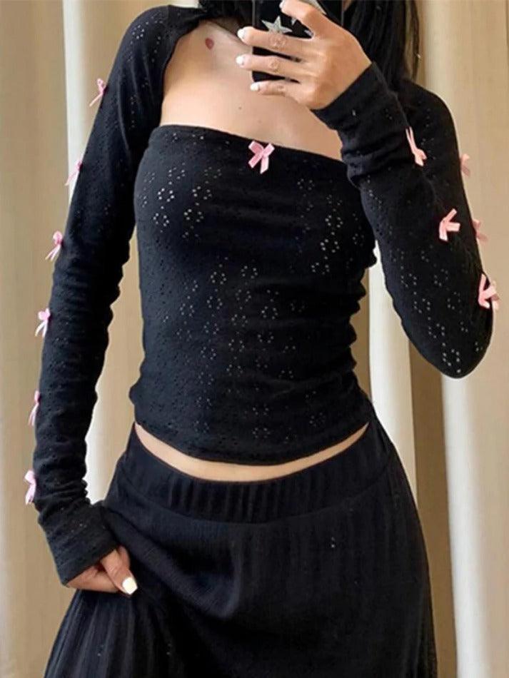 Cutout Bow Embellished Bandeau Two Piece Long Sleeve Tee