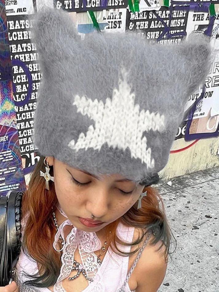 Contrast Color Star Cat Ear Styling Beanie Hat