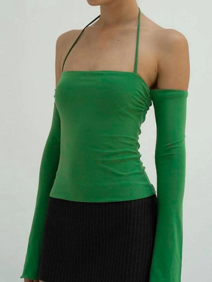 Solid Halter Off Shoulder Long Sleeve Tee