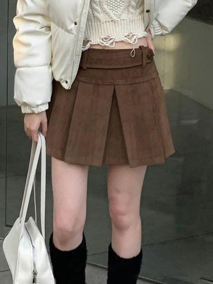 Vintage Brown Corduroy Belted Pleated Mini Skirt