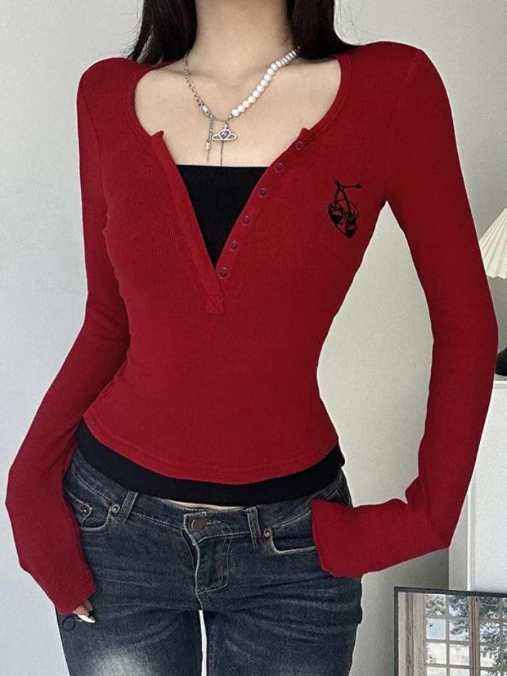 Contrast Color Print Fake Two Piece Long Sleeve Knit