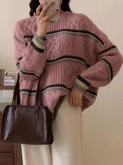 Contrast Color Striped Cable Knit Sweater